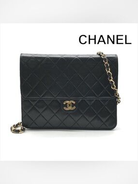 Authentic CHANEL vintage black lambskin single flap shoulder bag
